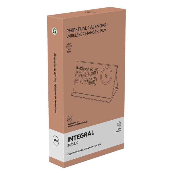 Večiti stoni kalendar INTEGRAL sa bežičnim punjačem 15W – magnetni, Qi, reciklirana eko koža, crni - EP3258712