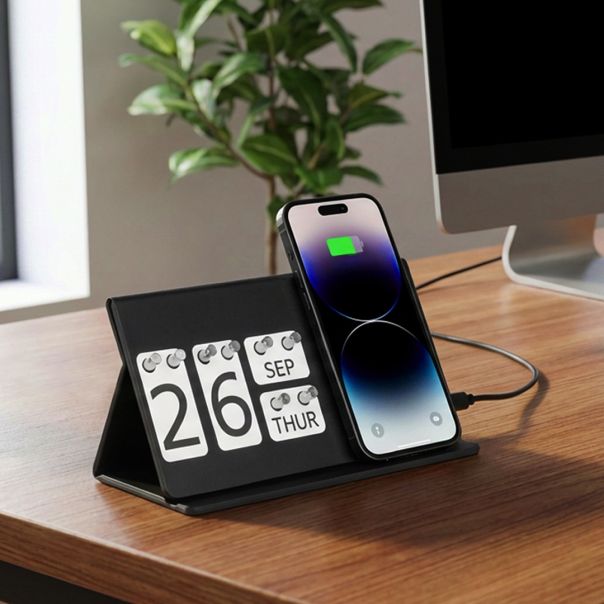 Večiti stoni kalendar INTEGRAL sa bežičnim punjačem 15W – magnetni, Qi, reciklirana eko koža, crni - EP3258712