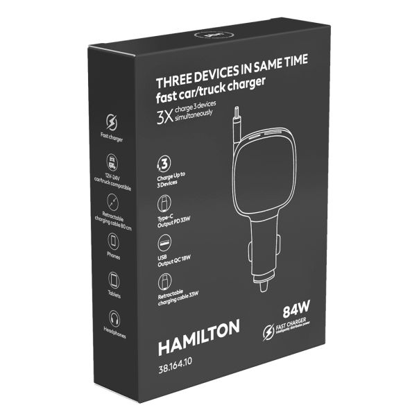 Auto punjač HAMILTON 84W sa uvlačivim kablom – 3 uređaja, PD/PPS, 12–24 V, crni - EP3259004