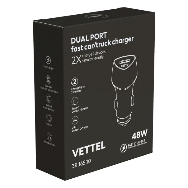 Auto punjač VETTEL 51W – USB-C 30W i USB-A 18W, PD/PPS/QC, 12–24 V, crni - EP3258950