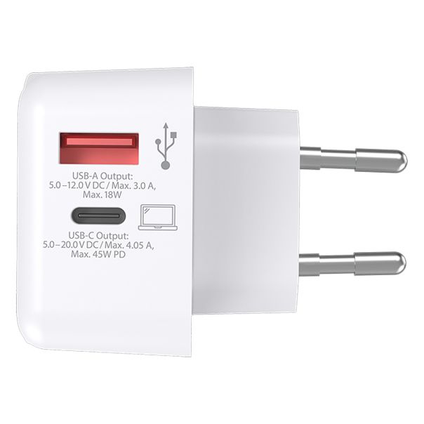 Zidni punjač SKROSS EU USB 45W PD – USB-C 45W i USB-A 18W, za laptop i telefon, beli - EP3258697