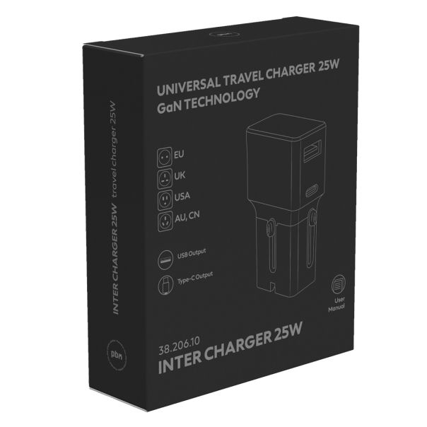Univerzalni putni punjač INTER CHARGER 25W GaN – priključci za ceo svet, USB-C i USB-A, crni - EP3259034