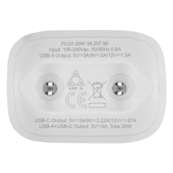 Zidni punjač FLUX 20W GaN – USB-C 20W i USB-A, dva uređaja istovremeno, beli - EP3258953