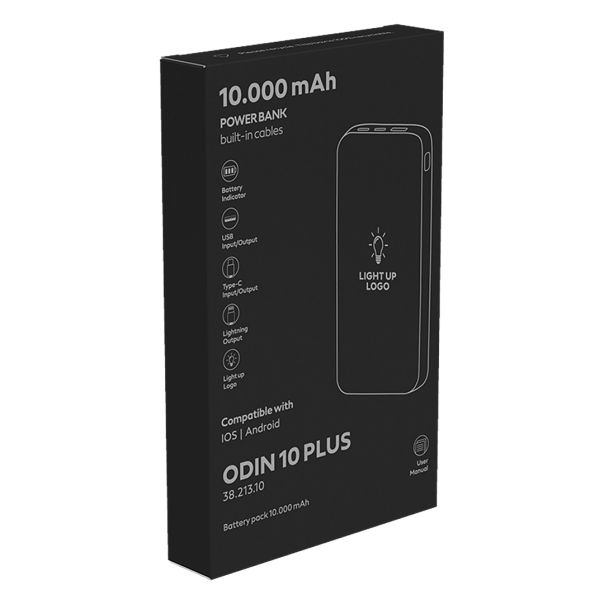 Pomoćna baterija ODIN 10 PLUS 10.000 mAh sa ugrađenim kablovima – Type-C, Lightning i USB-A, crna - EP3259028