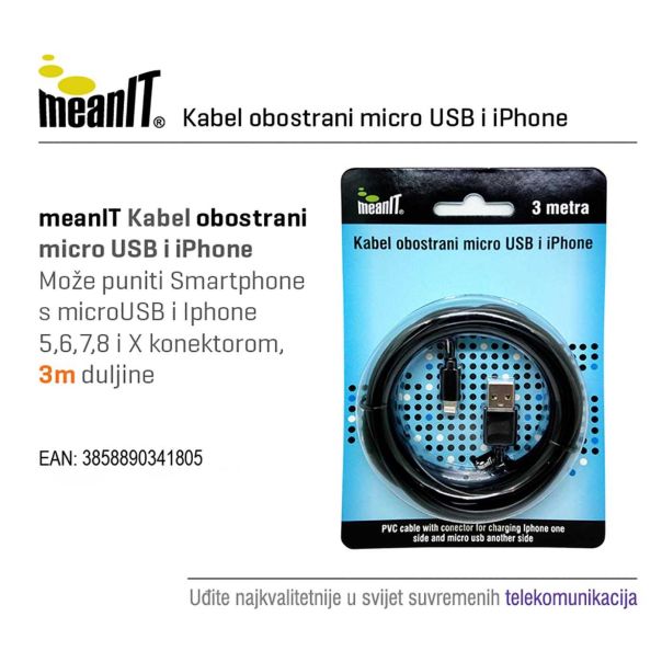 MEANIT USB kabl sa micro USB i iPhone priključkom, 3m - MICROUSB / iPHONE - 9700