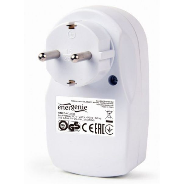 GEMBIRD USB punjač, EG-ACU2-02, sa prolaznom AC utičnicom, 2,1 A, bela - 39294