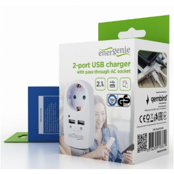 GEMBIRD USB punjač, EG-ACU2-02, sa prolaznom AC utičnicom, 2,1 A, bela - 39294
