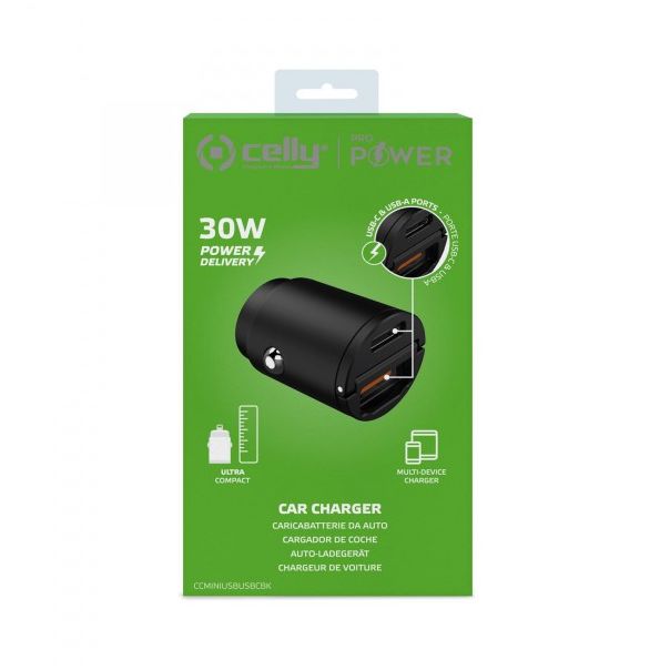CELLY Auto punjač 30W, USB+Type C - CCMINIUSBUSBCBK