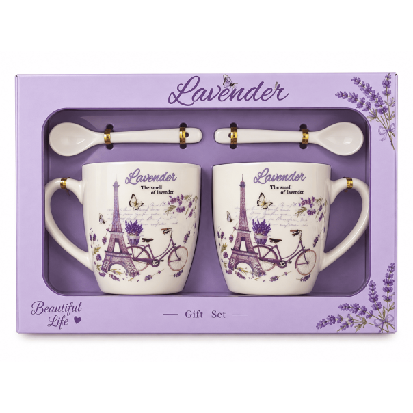 MKS Set keramičkih šolja za kafu 2/1 sa kašičicama  – Lavender, motiv lavande i Pariza - EP3335813