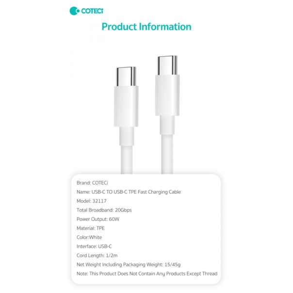 Data kabl Coteci 32117 5A 60W 40 Gps PD Type C na Type C beli 1m - 223305