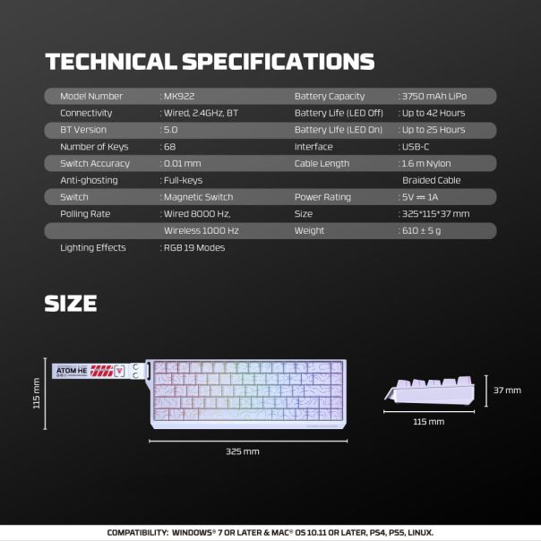FANTECH Gejmerska mehanicka tastatura MK922 Atom HE68 Pro Retro magnetic emerald switch Wireless - EP2870941