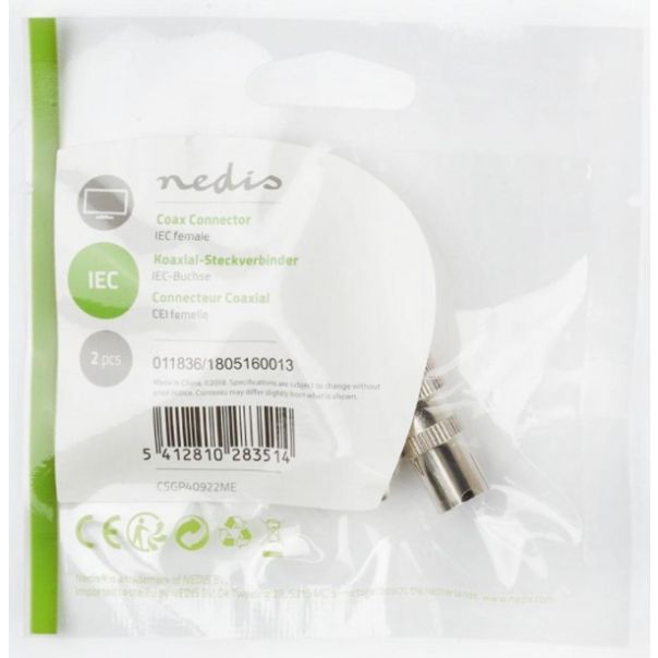 NEDIS IEC ženski konektor, CSGP40922ME, niklovani, 75ohm, 7mm, 2kom - 39818