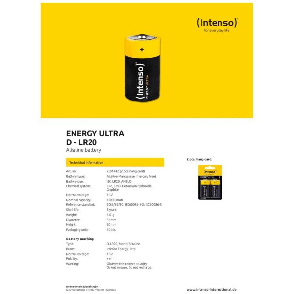 INTENSO Baterija alkalna, LR20 / D, 1,5 V, blister 2 kom - LR20 / D - 12494