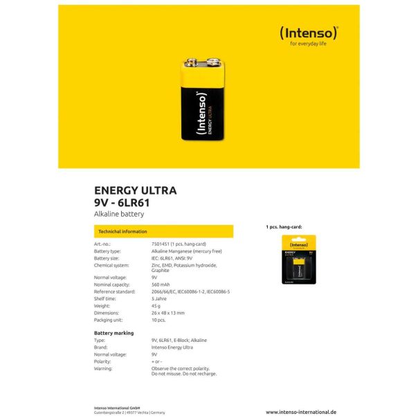 INTENSO Baterija alkalna, 6LR61, 9 V, blister 1 komad - 6LR61 / 9V - 12495