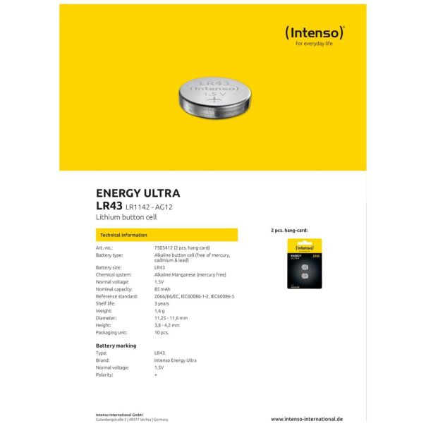 INTENSO Baterija alkalna LR43/2, 1,5 V dugmasta, blister 2 kom - LR43/2 - 12505