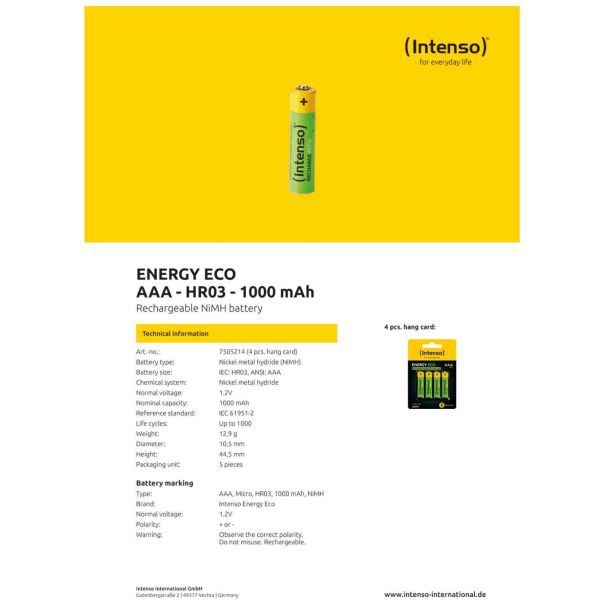 INTENSO Baterija punjiva AAA / HR03, 1000 mAh, blister 4 kom - AAA / HR03/1000 - 12513