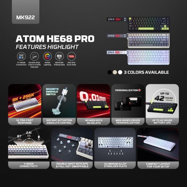 FANTECH Gejmerska mehanicka tastatura MK922 Atom HE68 Pro Retro magnetic emerald switch Wireless - EP2870941
