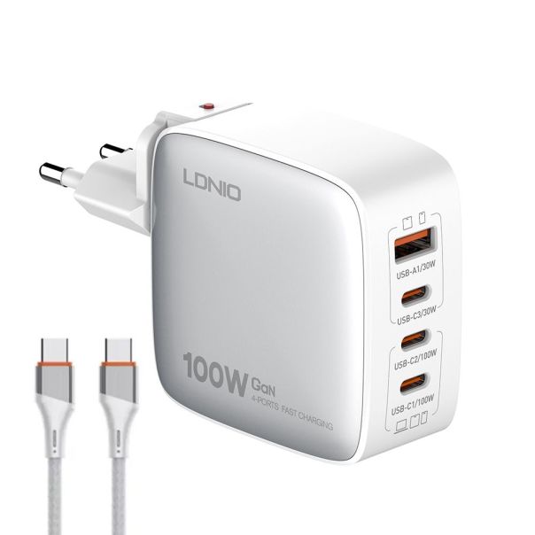 Kucni punjac sa adapterima LDNIO Q408 GaN PPS QC3.0 (30W), 3xPD3.0 (100W), 100W Max, sa Type C na Type C kablom beli - 217366