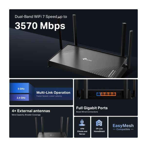 TP LINK LAN Router TP-LINK Archer BE220 BE3600 WiFi7/1GWAN/4GLAN - 49026