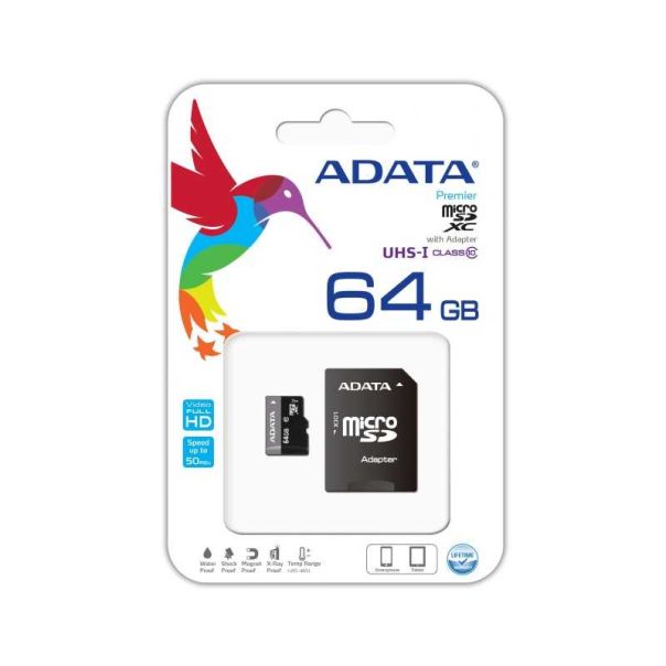 ADATA MICRO SD 64GB + SD adapter AUSDX64GUICL10-RA1 - 0703727