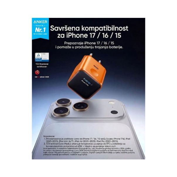 Nano 45W putni zidni punjač sa ekranom, USB-C port, narandžasti - EP3262850