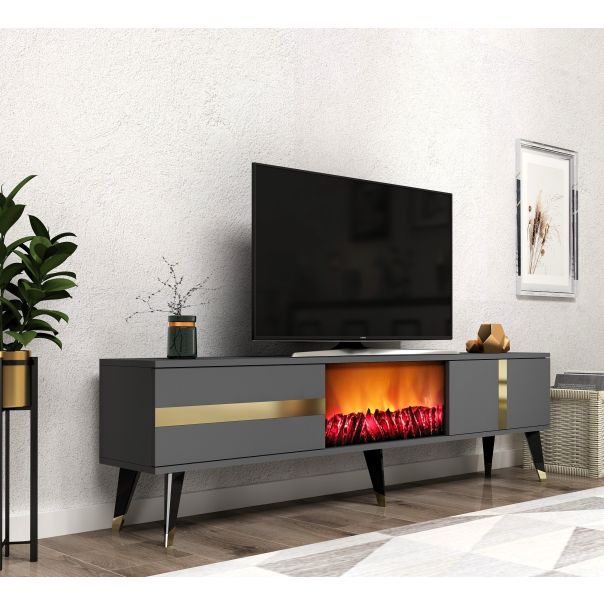 HANAH HOME TV komoda sa LED kaminom Vania Fireplace, crna/zlatna - 475OLV2651