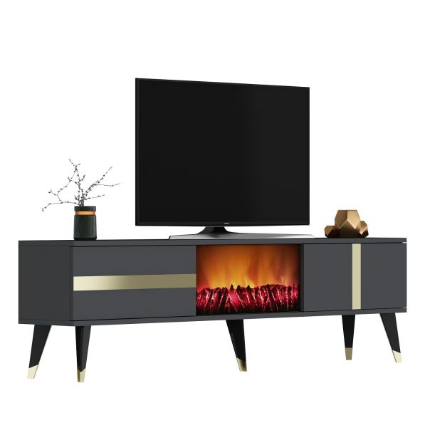 HANAH HOME TV komoda sa LED kaminom Vania Fireplace, crna/zlatna - 475OLV2651