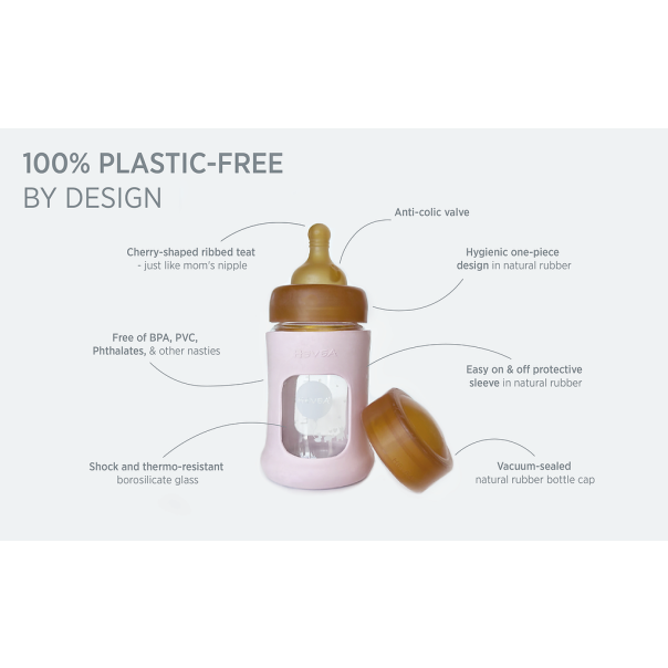 Hevea flašica sa širokim otvorom i zaštitnim rukavom Puder roza 1 kom, 150ml/5oz - 478603