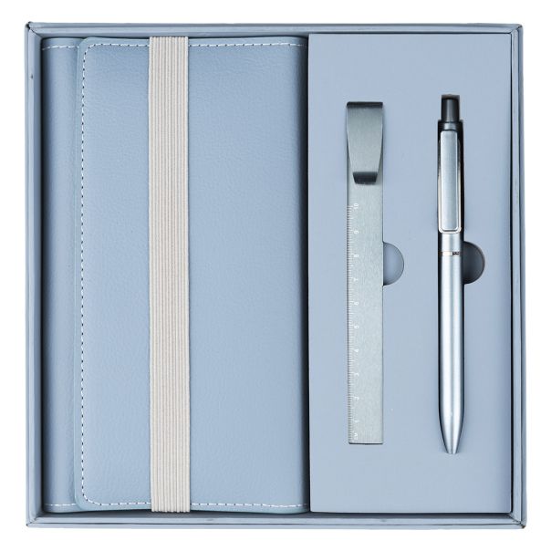 Poslovni set PRESTIGE 3u1 - notes + metalna olovka + lenjir, poklon kutija, svetlo plavi - EP3246685