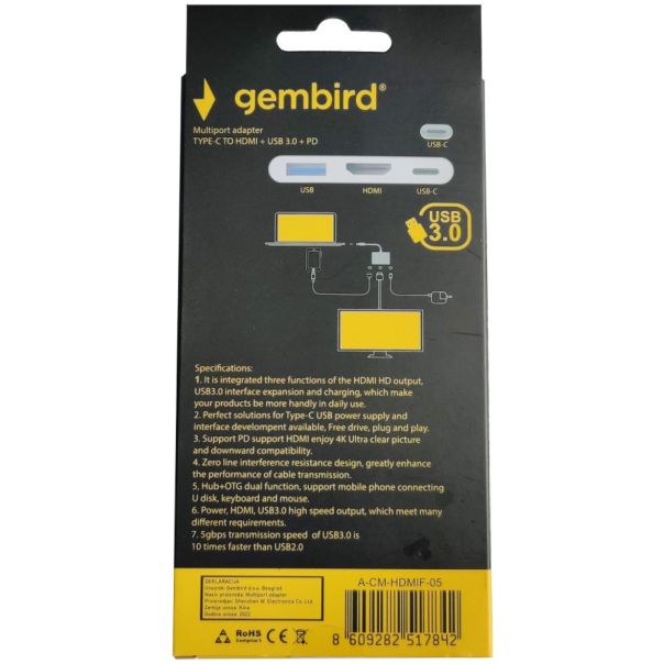 GEMBIRD A-CM-HDMIF-05 TYPE-C TO HDMI + USB3.0 + PD ALUMINIUM - 43124
