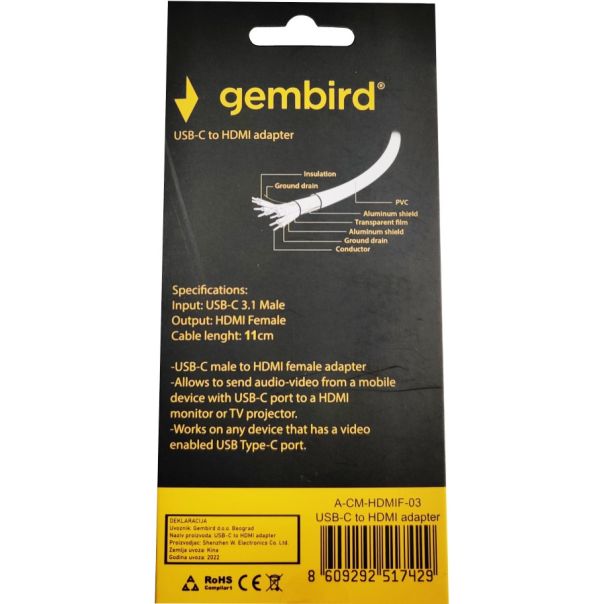 GEMBIRD A-CM-HDMIF-03 TYPE-C TO HDMI 11cm CABLE - 43122
