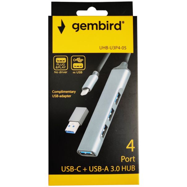 GEMBIRD UHB-U3P4-05 4-port HUB, Type-C+USB 3.0 Aluminum - 43121