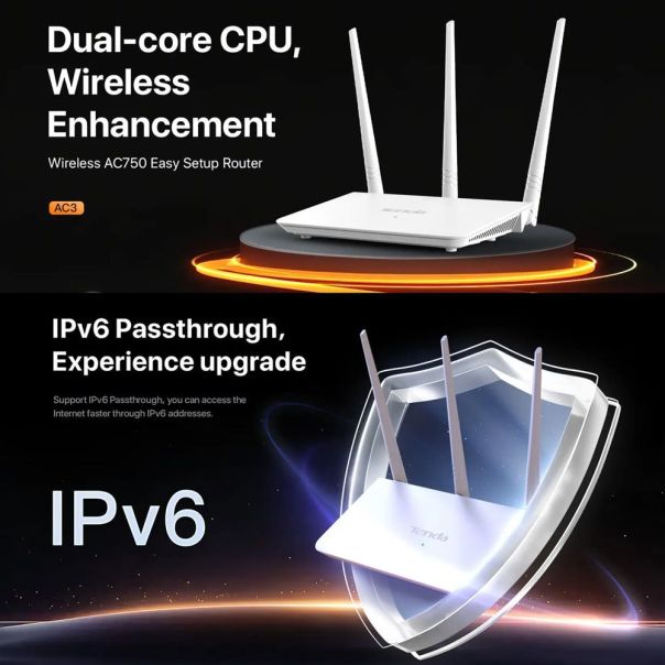 Wireless Router Tenda AC3 AC750Mbps/ext3x5dBi/2,4-5GHz/4xLAN/WAN - EP3169394