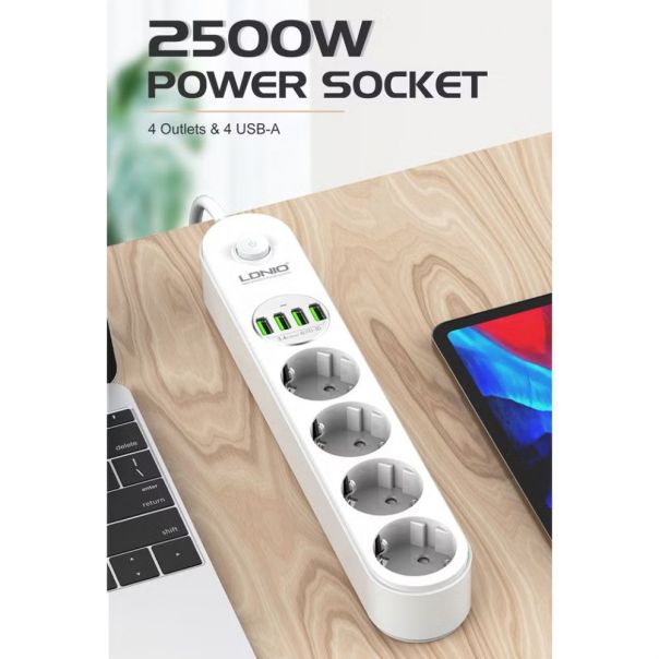Produzni kabl LDNIO SE1-C 2500W EU, 4 uticnice 2xUSB 12W, 2xPD 20W beli 2m - EP2937076