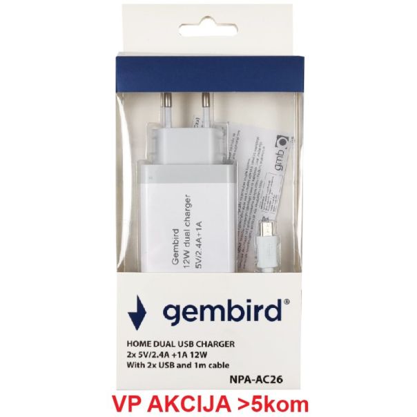 GEMBIRD Punjač 2x5v/24A+1A 12W + micro USB DATA kabl ,NPA-AC26, 1m - 43859