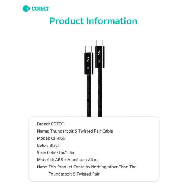 Data kabl Coteci Thunderbolt OF-066 120Gbps 240W 4k PD Type C na Type C crni 0.3m - EP2978113