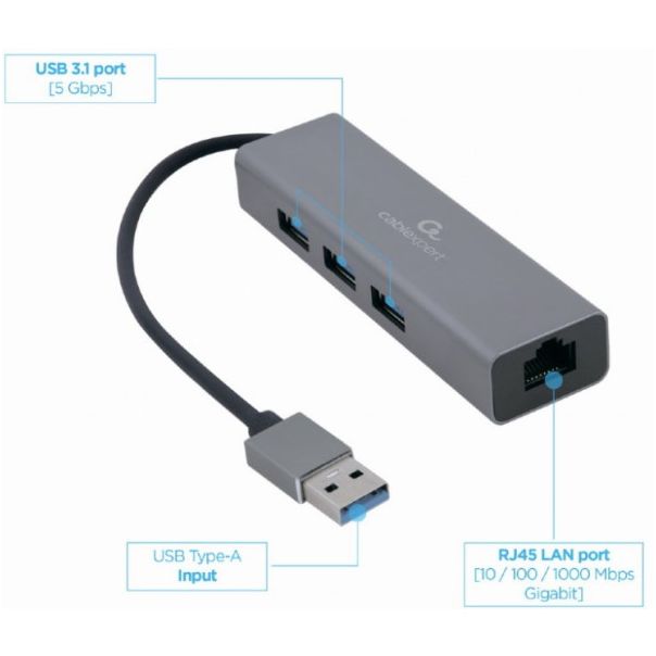 GEMBIRD A-AMU3-LAN-01 USB AM Gigabit network adapter with 3-port USB 3.0 hub - 40285