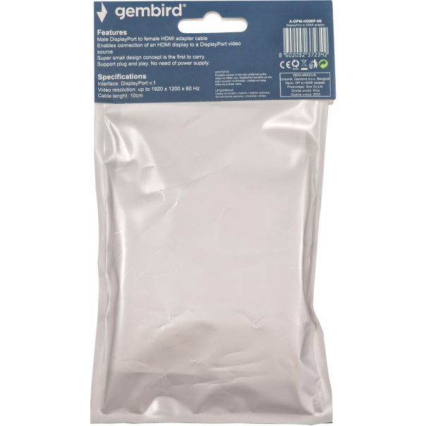 GEMBIRD A-DPM-HDMIF-08 ** DisplayPort v1 to HDMI adapter cable, black (239)(alt A-DPM-HDMIF-002) - 44469