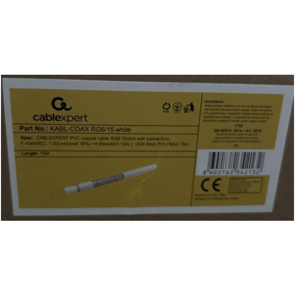 GEMBIRD Koaksialni kabl RG6 konektor KABL-COAX-RG6/15 white (X553), 15m - 44807