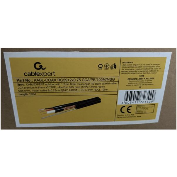 GEMBIRD Koaksialni kabl sa napojnim kablom KABL-COAX-RG59+2X0.75 CCA/PE, 100m - 44805