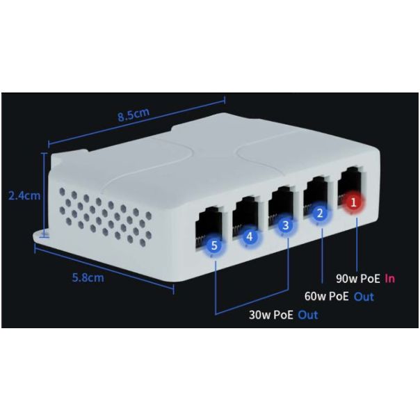 GEMBIRD Extender sa 5 portova POE-EXT-14F 100mbps POE , 30/60W 8W/port, POE voltage 44-57Vdc, 100m - 44858-1