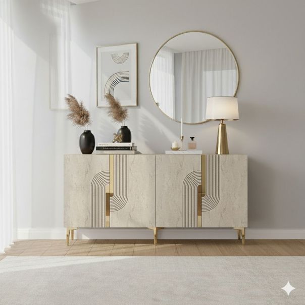 HANAH HOME Komoda Meyra 150, mermerna krem/zlatna - EP3057875