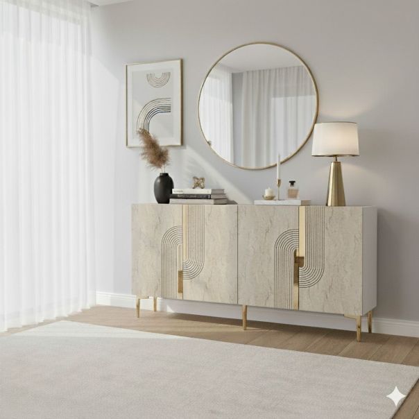 HANAH HOME Komoda Meyra 150, mermerna krem/zlatna - EP3057875