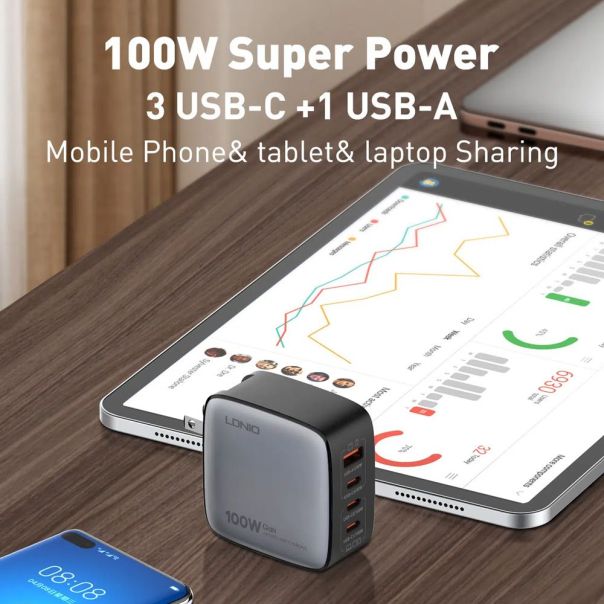 Kucni punjac sa adapterima LDNIO Q408 GaN PPS QC3.0 (30W), 3xPD3.0 (100W), 100W Max, sa Type C na Type C kablom beli - 217366