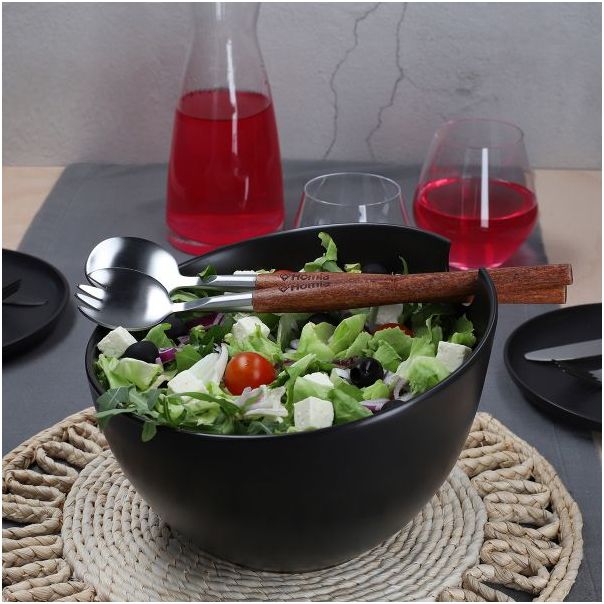 DEKOR DOM Činija za salatu sa priborom 24cm Mooka, crna - 039076