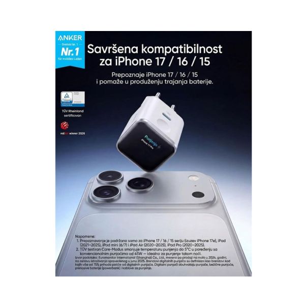 Nano 45W putni zidni punjač sa ekranom, USB-C port, beli - EP3262853