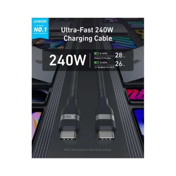 ANKER USB tip-C kabl M/M 0.9m, za Super brzo punjenje 240W/480Mbps, pleteni, crni - EP3262835