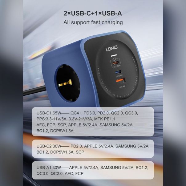 Produzni kabl LDNIO SE3338, 3 uticnice, USB, 2xPD, 6u1, GAN, 65W total power - 224830