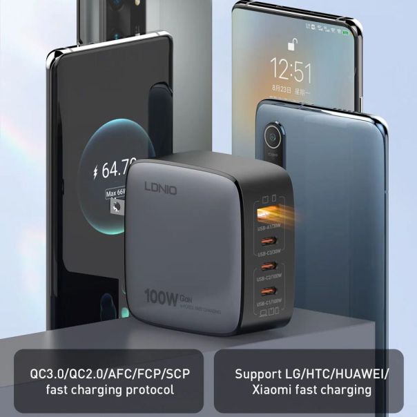 Kucni punjac sa adapterima LDNIO Q408 GaN PPS QC3.0 (30W), 3xPD3.0 (100W), 100W Max, sa Type C na Type C kablom beli - 217366