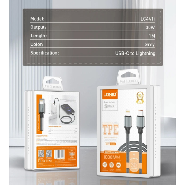 Kabel LDNIO LC441I 30w, Type-C na iPhone Lightning sivi 1m - EP2847066